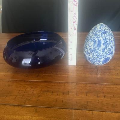 Sale Photo Thumbnail #18: Blue glass bowl, glass marbles, blue/white egg