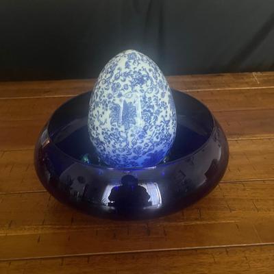 Sale Photo Thumbnail #19: Blue glass bowl, glass marbles, blue/white egg