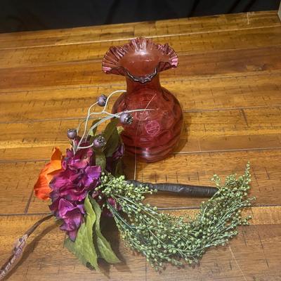 Sale Photo Thumbnail #39: Cranberry ruffled edge vase with floral arrangement