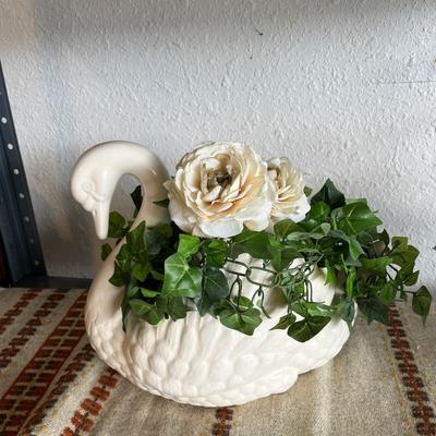 Sale Photo Thumbnail #69: Swan ceramic planter with greenery