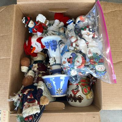 Sale Photo Thumbnail #117: Box of assorted snowmen figurines and decor and wall hanging