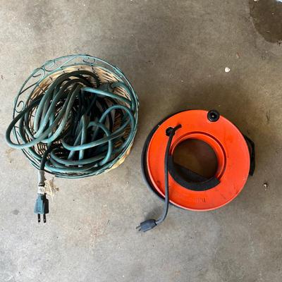 Sale Photo Thumbnail #120: Small wicker and metal trash can and outdoor extension cords