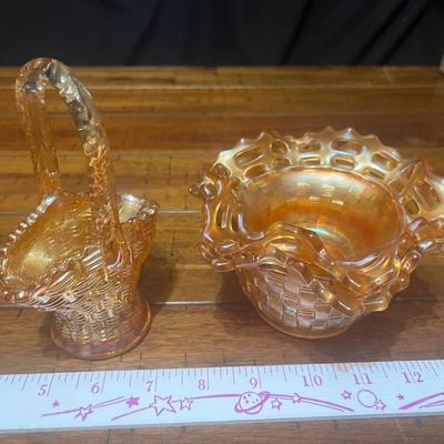 Sale Photo Thumbnail #144: Vintage Fenton trio in irridescent marigold