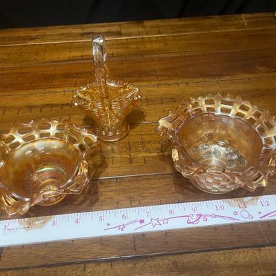 Sale Photo Thumbnail #143: Vintage Fenton trio in irridescent marigold