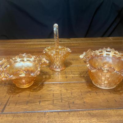 Sale Photo Thumbnail #142: Vintage Fenton trio in irridescent marigold