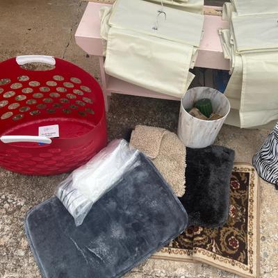 Sale Photo Thumbnail #150: Large multi-purpose basket with rugs, trash can, vacuum seal storage bags, candles and shoe organizers
