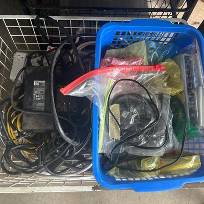 Sale Photo Thumbnail #158: Large metal basket and plastic tub full of power cords and cables