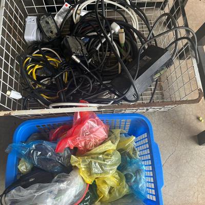 Sale Photo Thumbnail #159: Large metal basket and plastic tub full of power cords and cables