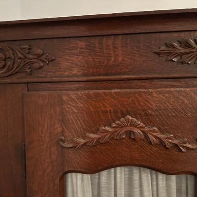 Vintage Oak Display Cabinet with Carved Details & Glass Doors
