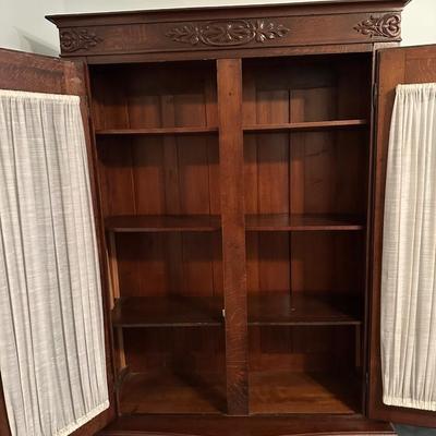 Vintage Oak Display Cabinet with Carved Details & Glass Doors
