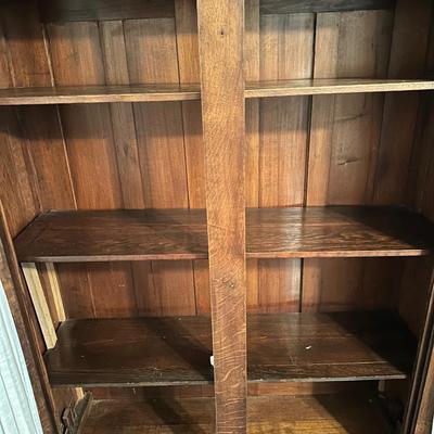 Vintage Oak Display Cabinet with Carved Details & Glass Doors