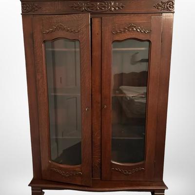 Vintage Oak Display Cabinet with Carved Details & Glass Doors