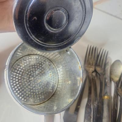 Sale Photo Thumbnail #739: vintage potato ricer and silverpate flatware etc