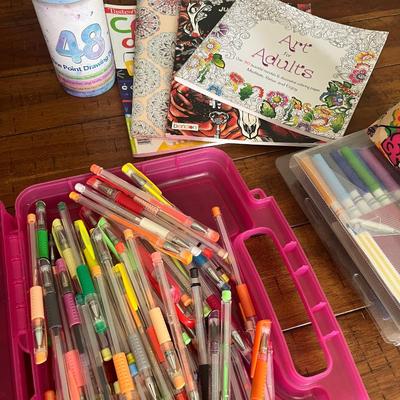 Sale Photo Thumbnail #163: Large amount of Sharpie markers and other markers, gel pens and more in plastic containers plus several coloring books in a canvas tote