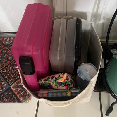 Sale Photo Thumbnail #166: Large amount of Sharpie markers and other markers, gel pens and more in plastic containers plus several coloring books in a canvas tote