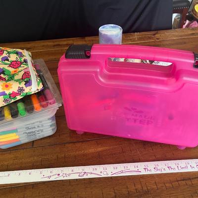 Sale Photo Thumbnail #164: Large amount of Sharpie markers and other markers, gel pens and more in plastic containers plus several coloring books in a canvas tote