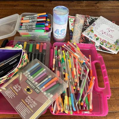 Sale Photo Thumbnail #160: Large amount of Sharpie markers and other markers, gel pens and more in plastic containers plus several coloring books in a canvas tote