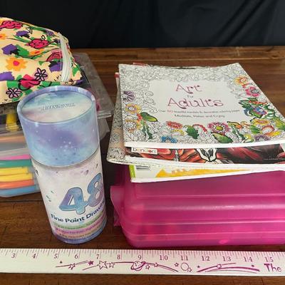 Sale Photo Thumbnail #165: Large amount of Sharpie markers and other markers, gel pens and more in plastic containers plus several coloring books in a canvas tote