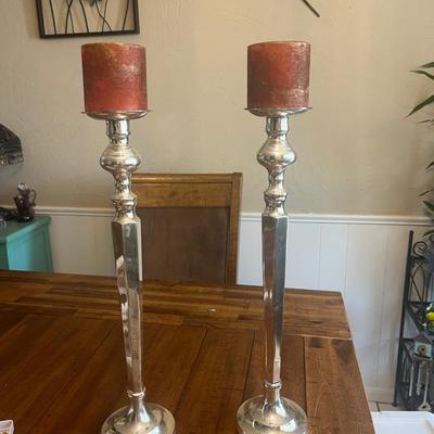 Sale Photo Thumbnail #177: Pair of silver, heavy candlesticks w/candles - see size in pics