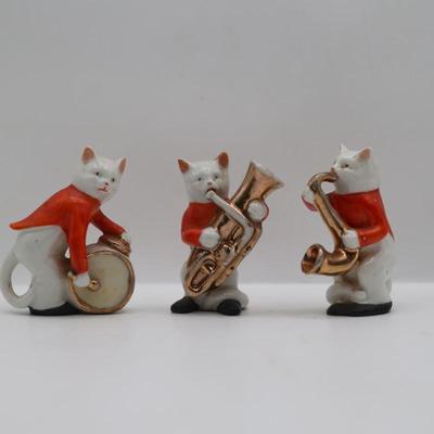 Vintage Porcelain Cat Figurines Trio Playing Musical Instruments