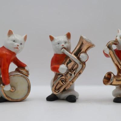 Vintage Porcelain Cat Figurines Trio Playing Musical Instruments