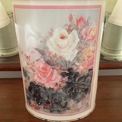 S230 Pair of Rose Floral Lamps With Matching Waste Can