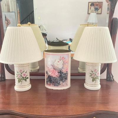 S230 Pair of Rose Floral Lamps With Matching Waste Can