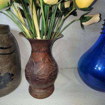 Sale Photo Thumbnail #21: The pottery vase is Chinese, the center one is Indian and the blue glass one is the tallest at 15.5". Selling all together.