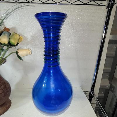 Sale Photo Thumbnail #22: The pottery vase is Chinese, the center one is Indian and the blue glass one is the tallest at 15.5". Selling all together.