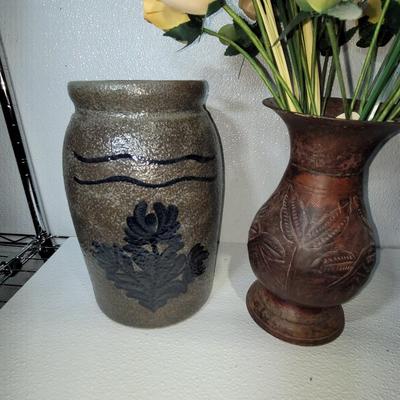 Sale Photo Thumbnail #20: The pottery vase is Chinese, the center one is Indian and the blue glass one is the tallest at 15.5". Selling all together.