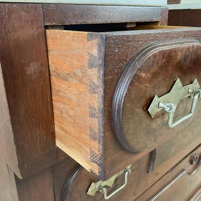 M247 Antique Renaissance Revival Mahogany/Burled Walnut Marble Top Dresser