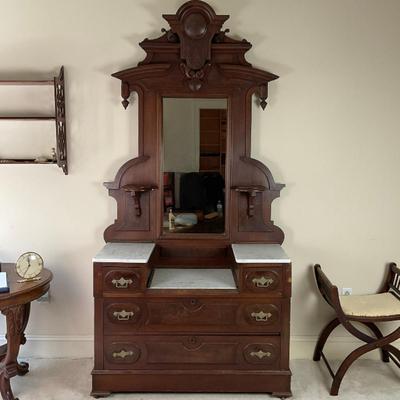 M247 Antique Renaissance Revival Mahogany/Burled Walnut Marble Top Dresser