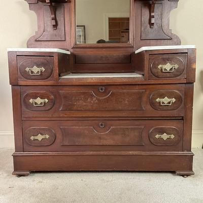 M247 Antique Renaissance Revival Mahogany/Burled Walnut Marble Top Dresser