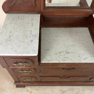 M247 Antique Renaissance Revival Mahogany/Burled Walnut Marble Top Dresser