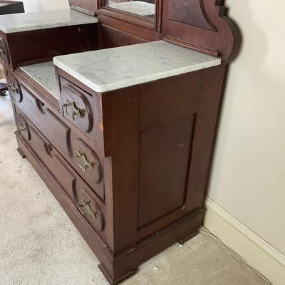 M247 Antique Renaissance Revival Mahogany/Burled Walnut Marble Top Dresser