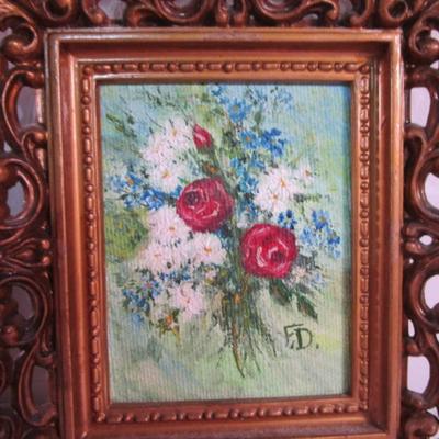 Sale Photo Thumbnail #66: Florence Dowling paintings are 3" x 2-3/8" & frames measure 6-/12" x 6", dried flowers frame is oval 5-1/2" x 4-1/4"