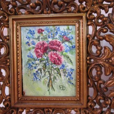 Sale Photo Thumbnail #65: Florence Dowling paintings are 3" x 2-3/8" & frames measure 6-/12" x 6", dried flowers frame is oval 5-1/2" x 4-1/4"