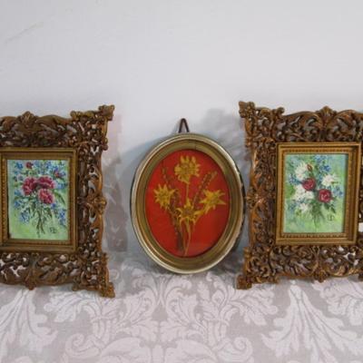 Sale Photo Thumbnail #64: Florence Dowling paintings are 3" x 2-3/8" & frames measure 6-/12" x 6", dried flowers frame is oval 5-1/2" x 4-1/4"