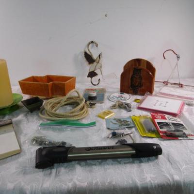 Sale Photo Thumbnail #158: Candles, napkin holder, Vintage Schwinn bicycle pump, travel hanger, Bungee cord 120" long, 2 pkg note cards, etc., See pictures