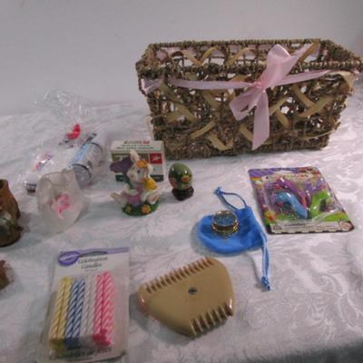 Sale Photo Thumbnail #337: Ring size 11-1/2, Bunny figurine, painted egg with stand, glass swan, new birthday candles, basket 11-1/2" x 5-3/4 tall x 6-1/2", etc.  See pictures
