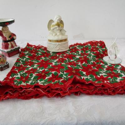 Sale Photo Thumbnail #380: Christmas table runner is 68" long x 15" wide, angel jar is hinged, snow globe is Mickey Mouse & new in box, swan is mounted on a mirror