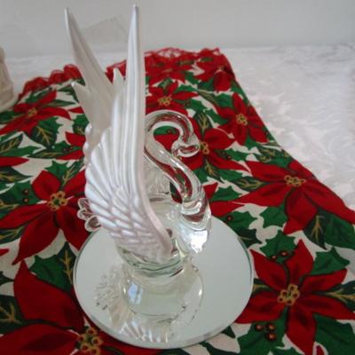 Sale Photo Thumbnail #382: Christmas table runner is 68" long x 15" wide, angel jar is hinged, snow globe is Mickey Mouse & new in box, swan is mounted on a mirror