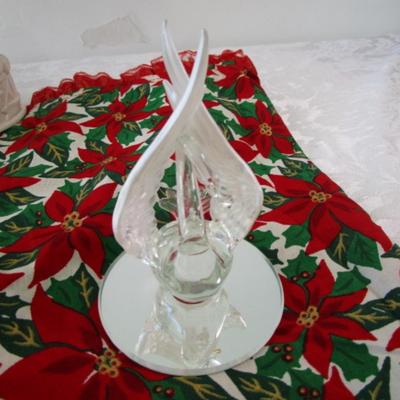 Sale Photo Thumbnail #381: Christmas table runner is 68" long x 15" wide, angel jar is hinged, snow globe is Mickey Mouse & new in box, swan is mounted on a mirror