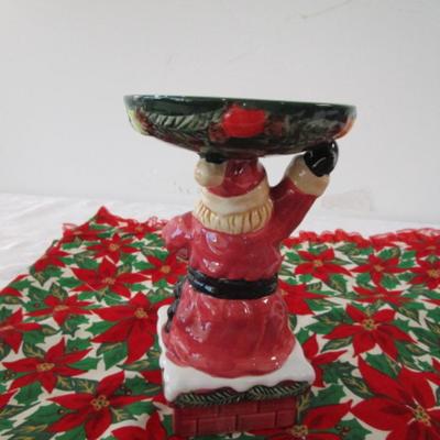 Sale Photo Thumbnail #388: Christmas table runner is 68" long x 15" wide, angel jar is hinged, snow globe is Mickey Mouse & new in box, swan is mounted on a mirror