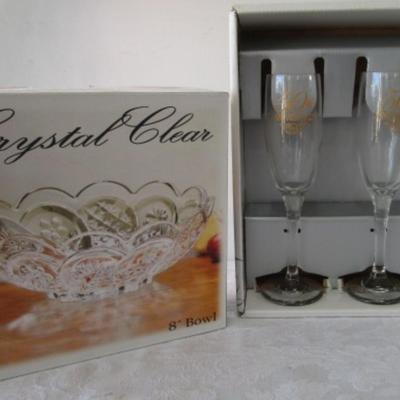 Sale Photo Thumbnail #409: Champagne flutes are by Hortense B. Hewitt Co., Bowl is by Crystal Clear