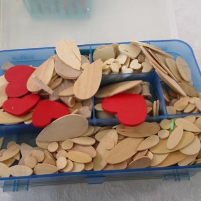 Sale Photo Thumbnail #553: Polished stone magnets, Assorted wood shapes in plastic container, stickers, paint cups, 2 containers of confetti, small basket
