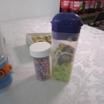 Sale Photo Thumbnail #550: Polished stone magnets, Assorted wood shapes in plastic container, stickers, paint cups, 2 containers of confetti, small basket
