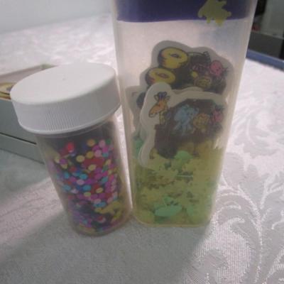 Sale Photo Thumbnail #548: Polished stone magnets, Assorted wood shapes in plastic container, stickers, paint cups, 2 containers of confetti, small basket