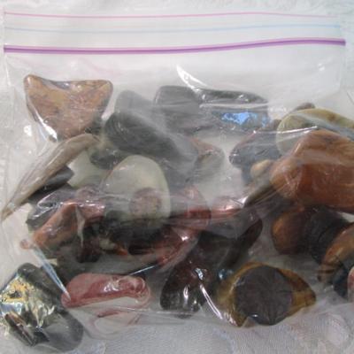 Sale Photo Thumbnail #545: Polished stone magnets, Assorted wood shapes in plastic container, stickers, paint cups, 2 containers of confetti, small basket