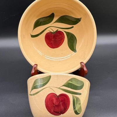 Set of USA Ovenware Yellowware Hand Painted Pottery Bowls